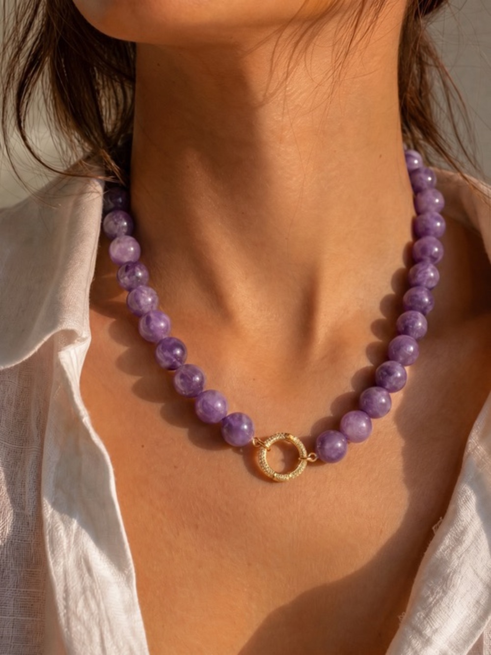 Genuine Amethyst with Circle Carabiner Necklace NWOT